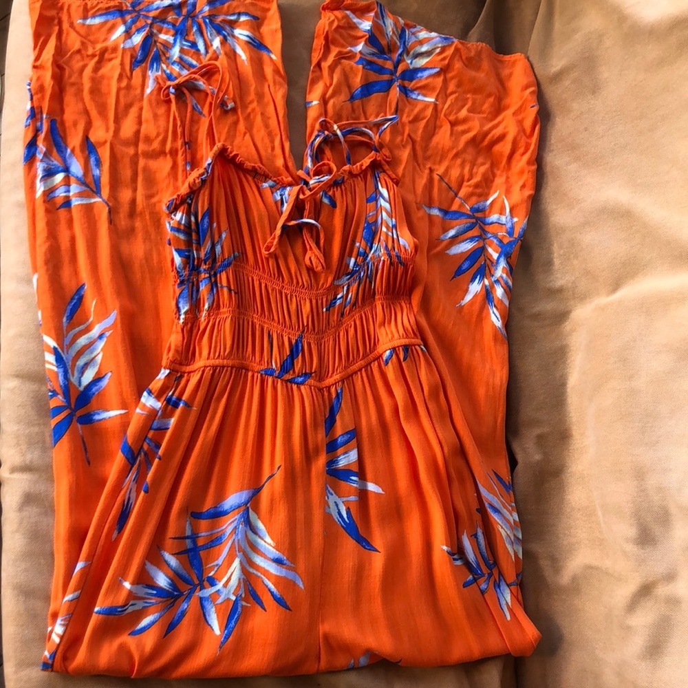 Forever 21 Bright Orange Leaf Pattern Jumpsuit
